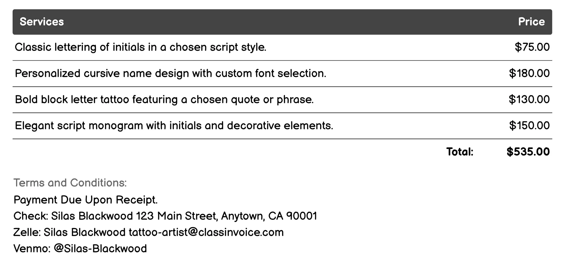Lettering and Script Tattoos Invoice Example