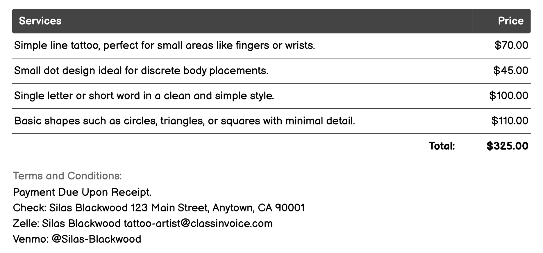 Minimalist Tattoos Invoice Example