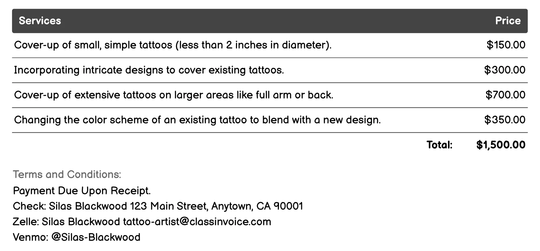 Tattoo Cover-Ups Invoice Example