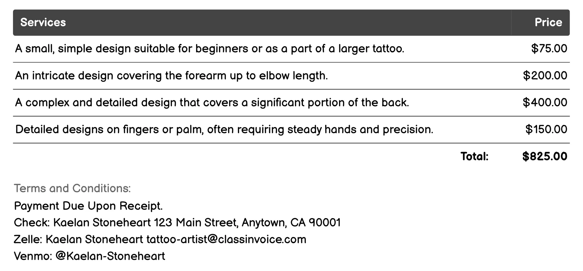 Tribal Tattoos Invoice Example