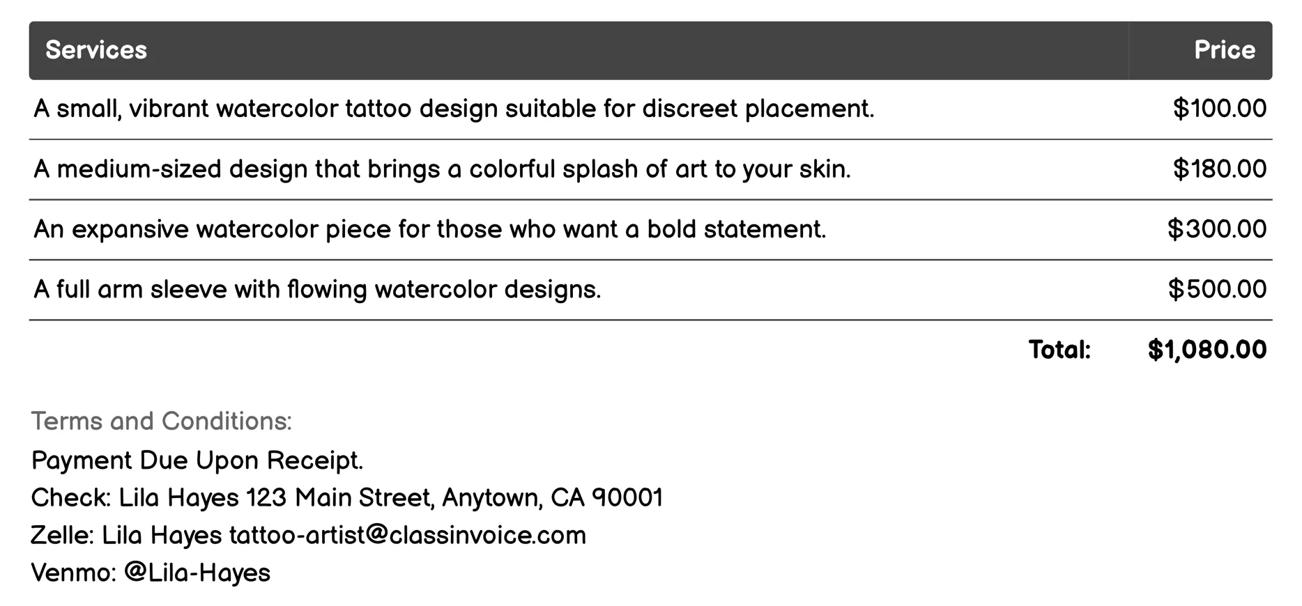 Watercolor Tattoos Invoice Example