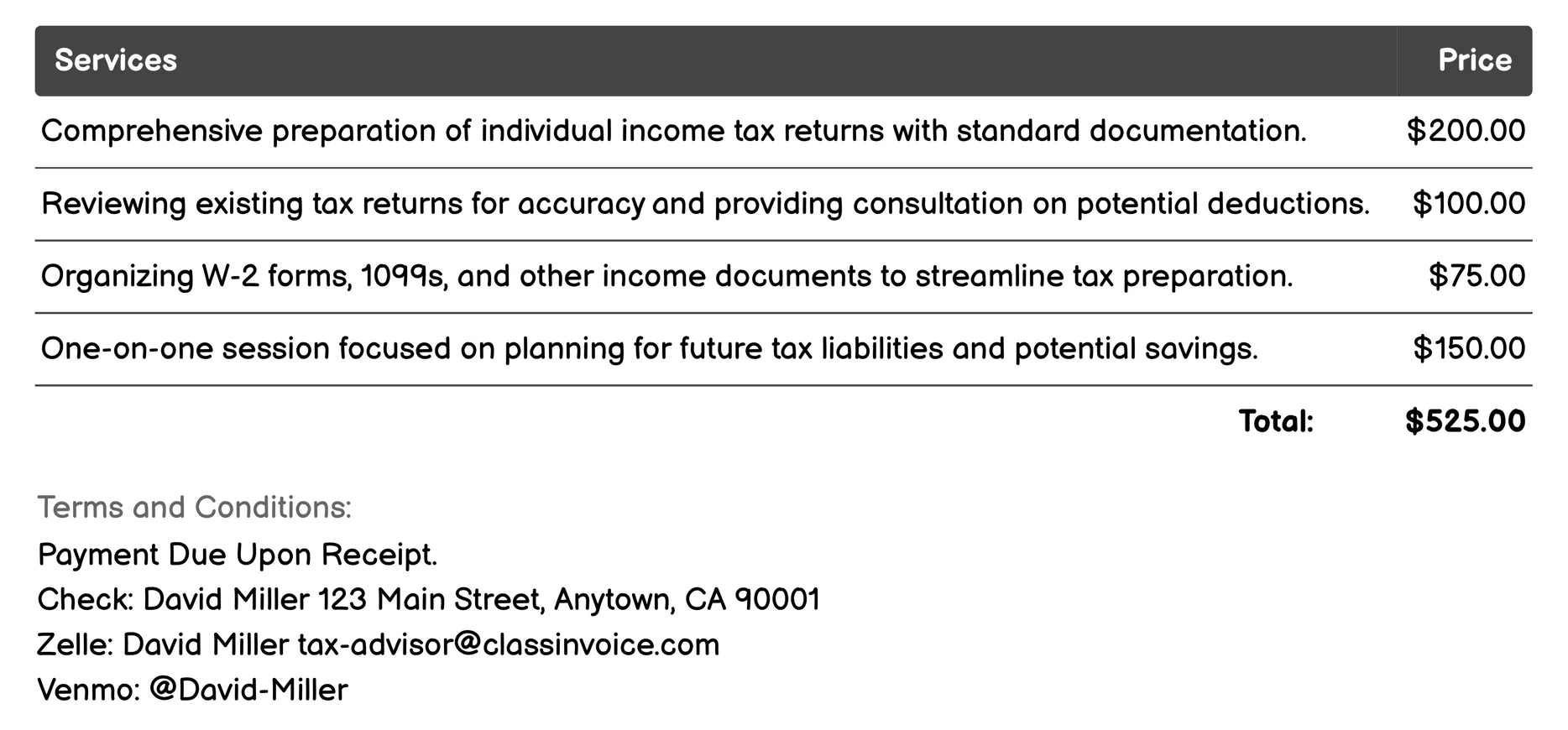 Personal Tax Preparation Invoice Example
