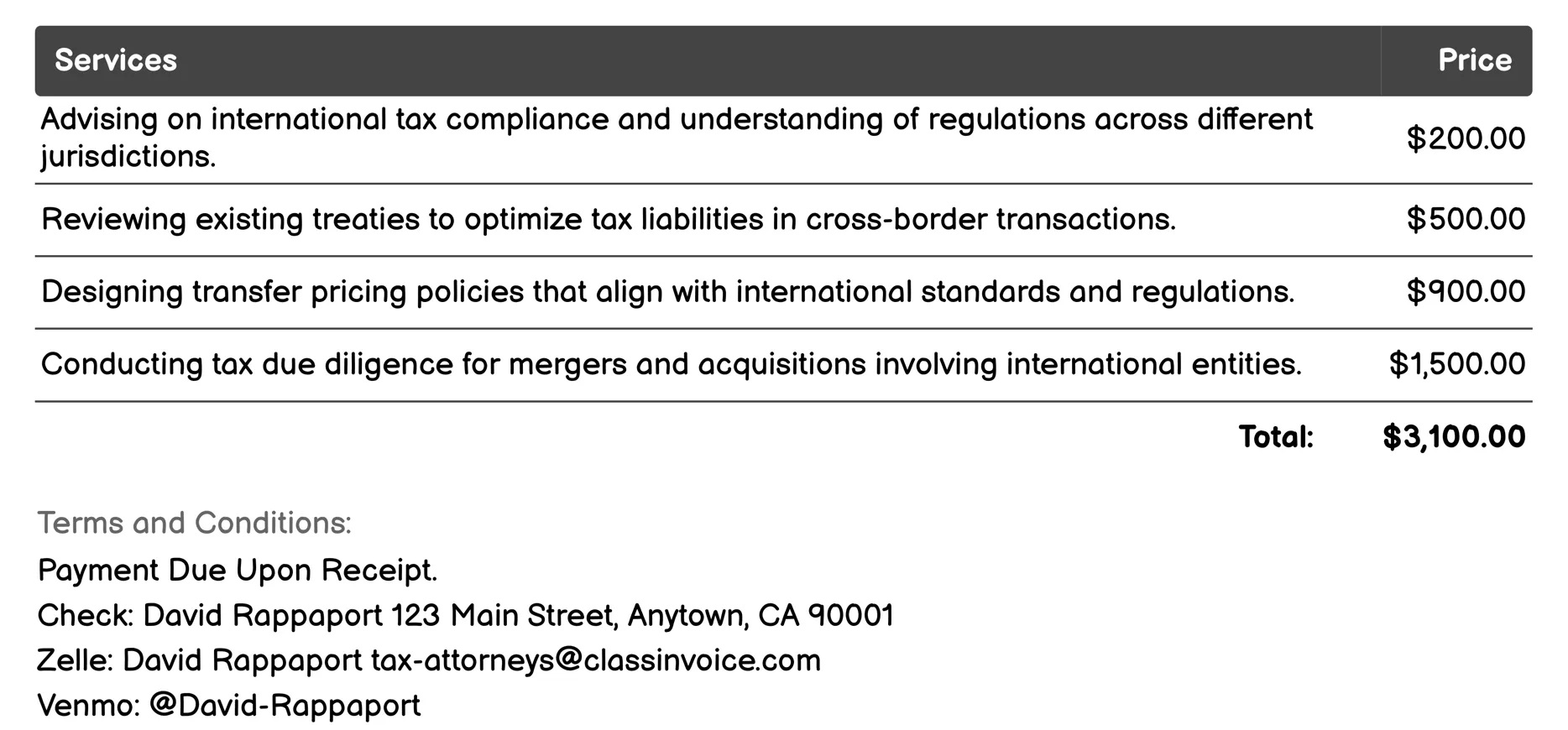 International Taxation Advice Invoice Example