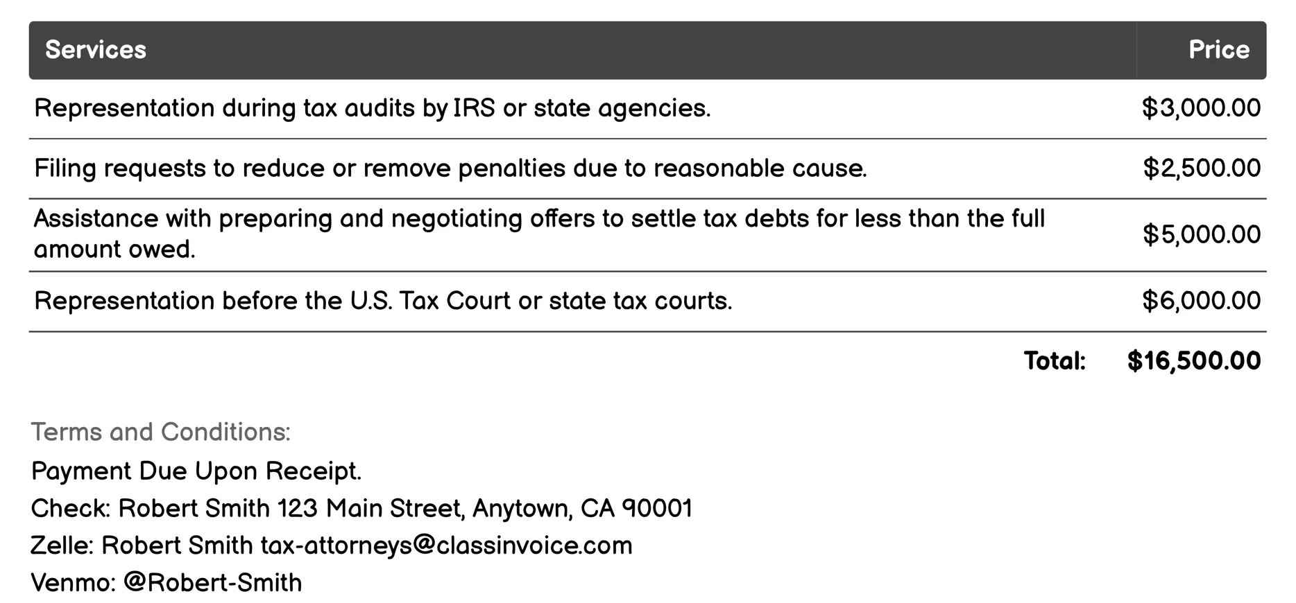 Tax Dispute Resolution Invoice Example