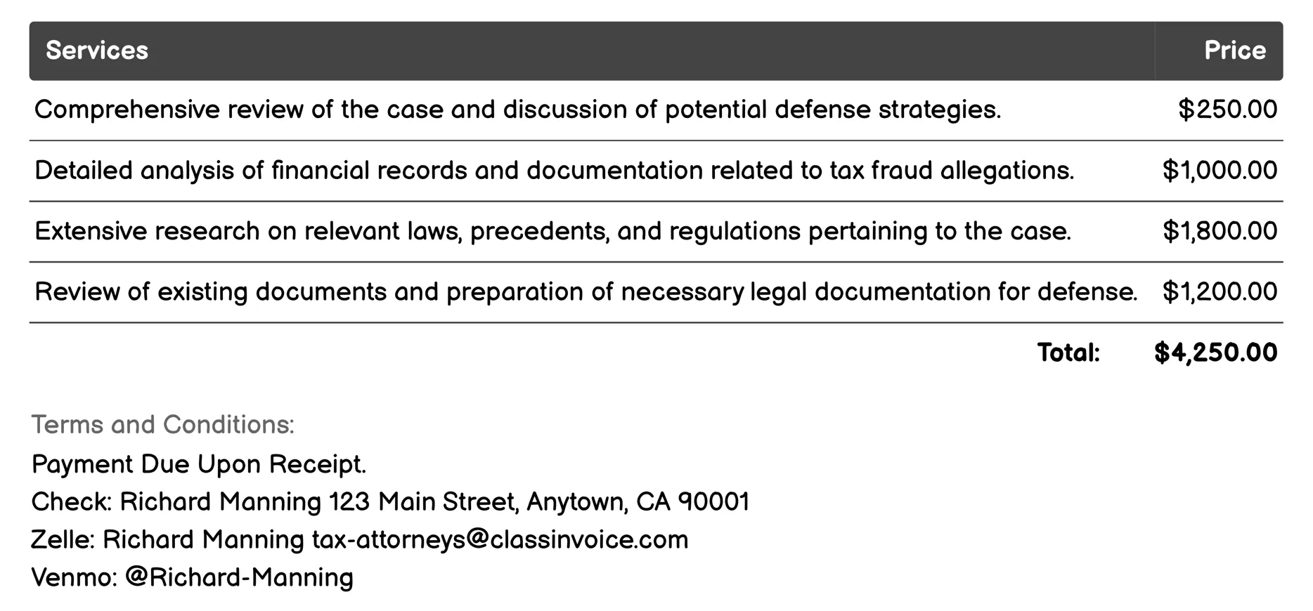 Tax Fraud Investigation Defense Invoice Example