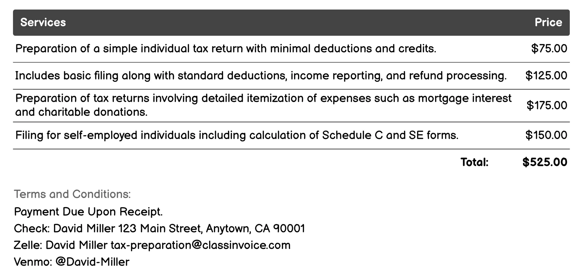 Individual Tax Return Filing Invoice Example