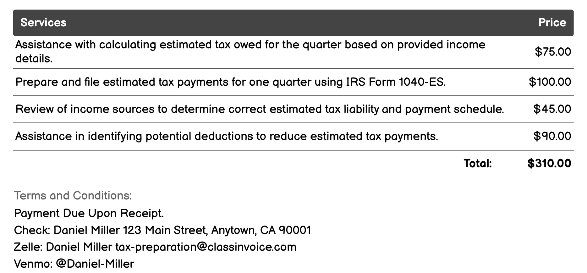 Quarterly Estimated Tax Payments Invoice Example