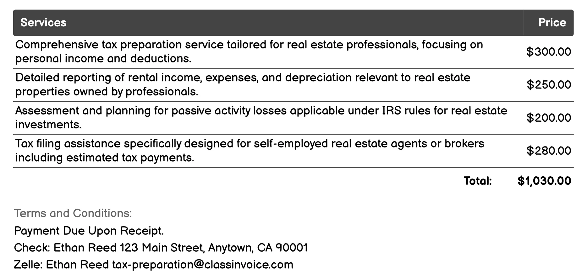 Real Estate Professional Tax Support Invoice Example