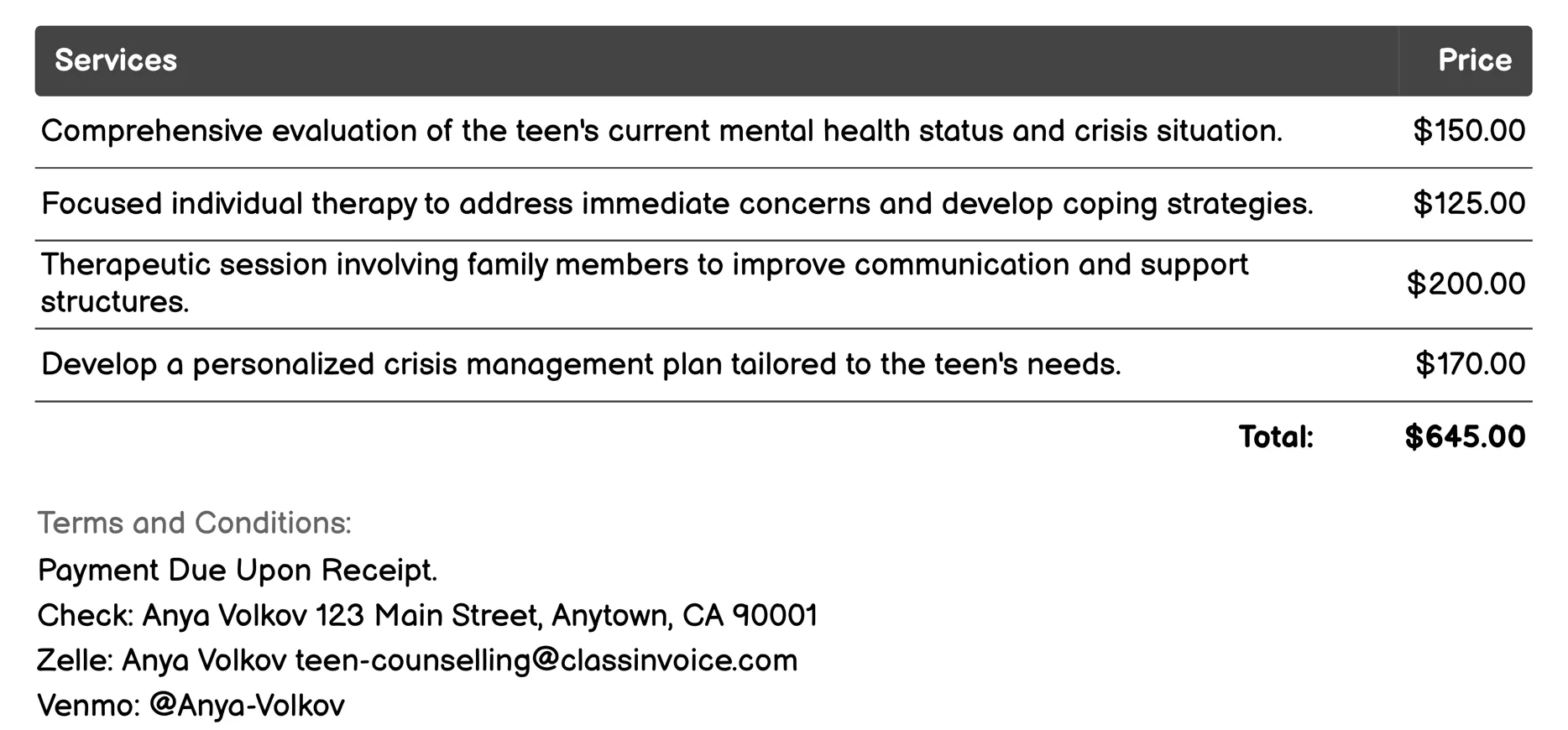 Crisis Intervention Invoice Example