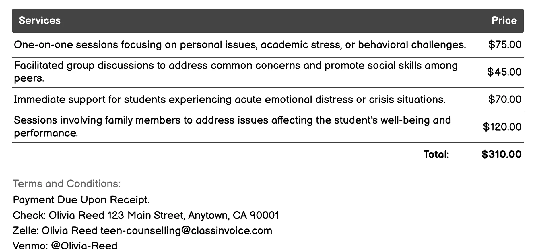 School-Based Counseling Invoice Example