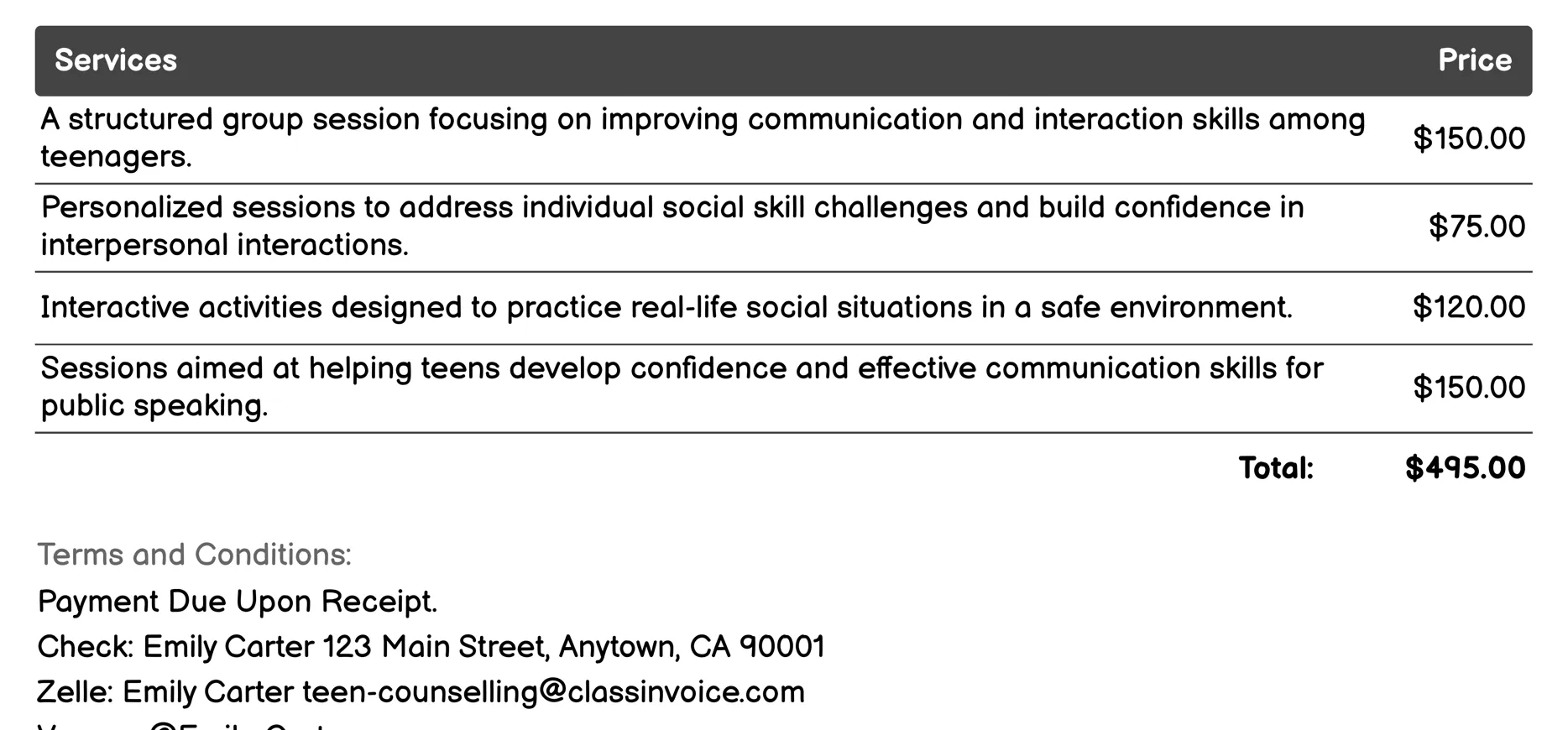 Social Skills Training Invoice Example