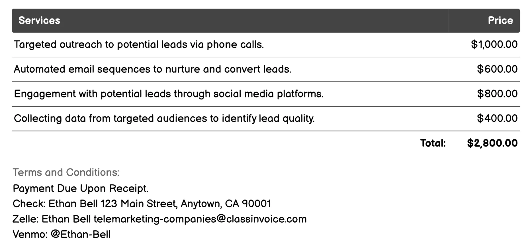 Lead Generation Invoice Example
