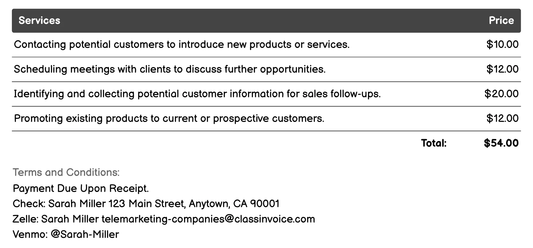 Outbound Calling Invoice Example
