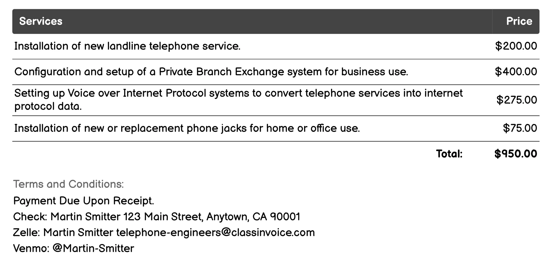 Installation Services Invoice Example