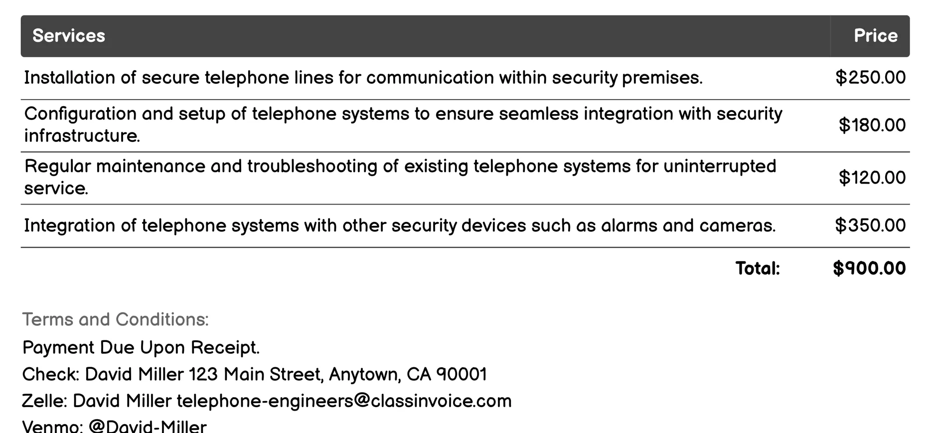 Security Services Invoice Example