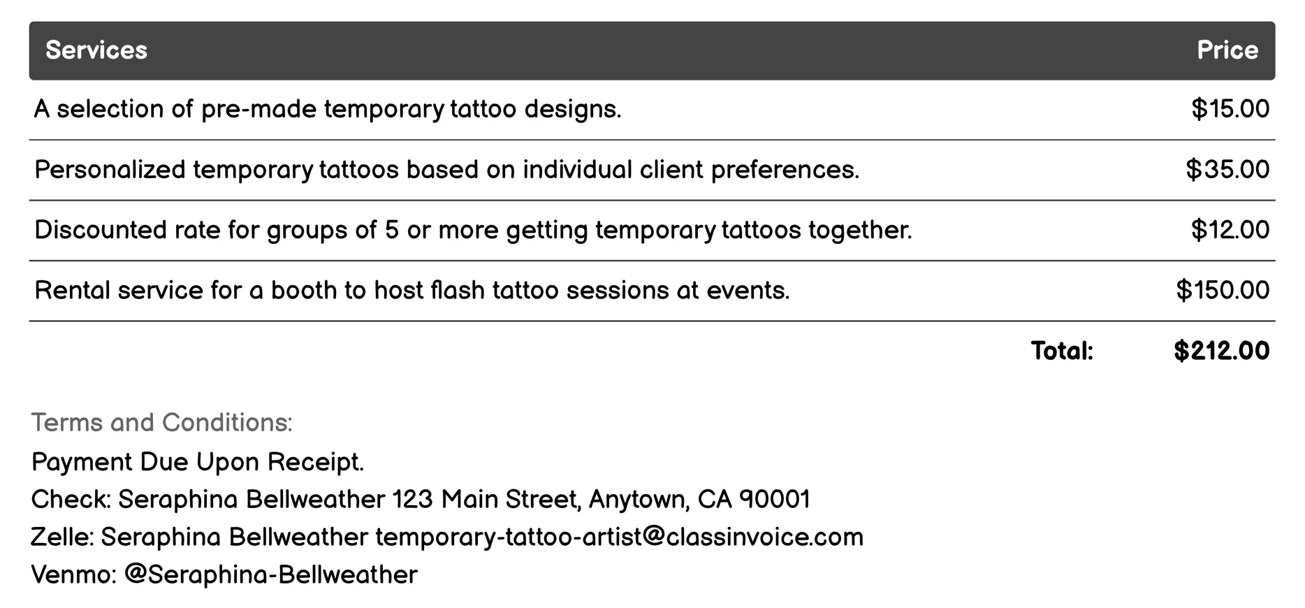 Conventions and Festivals Invoice Example