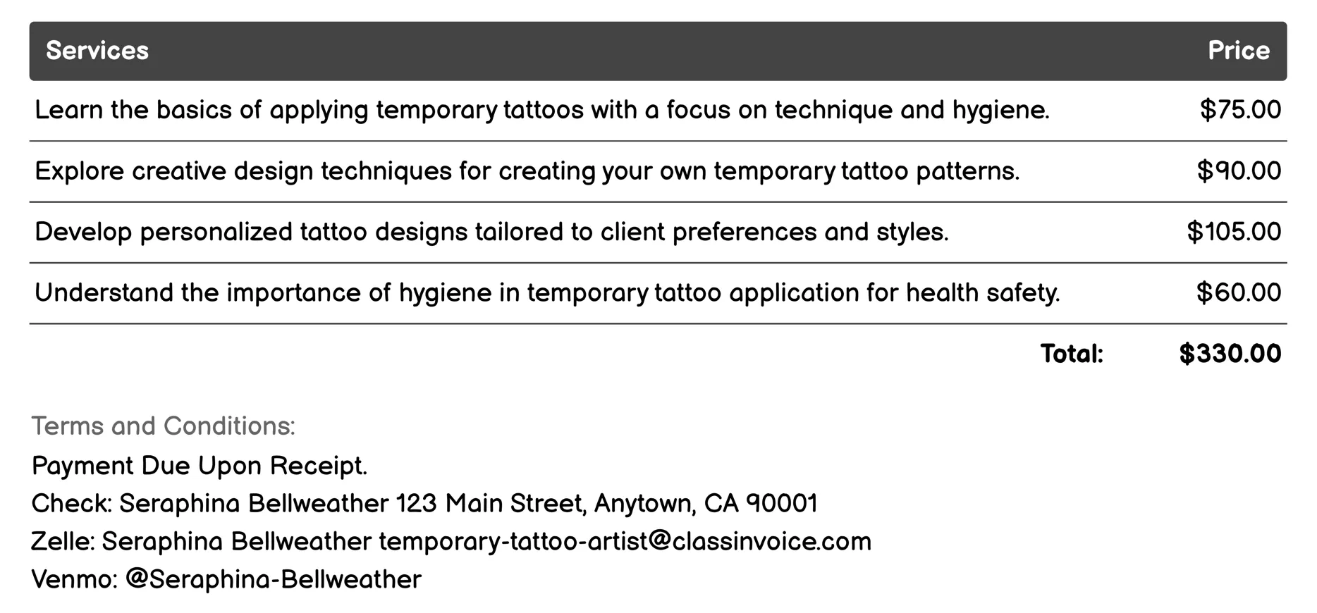 Educational Workshops Invoice Example