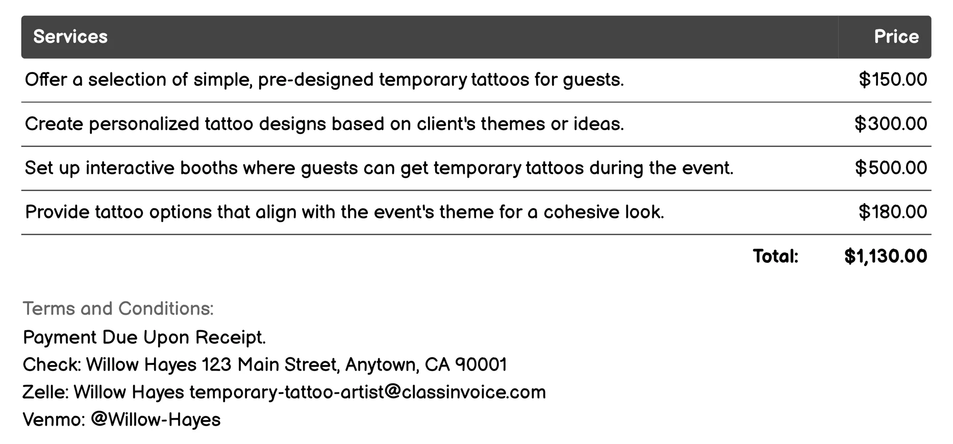 Event Decorations Invoice Example