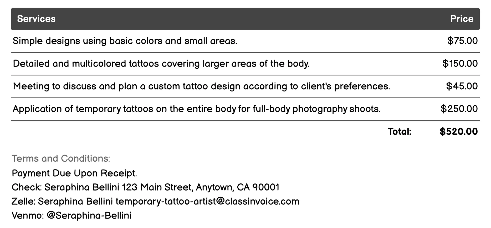 Photography Sessions Invoice Example