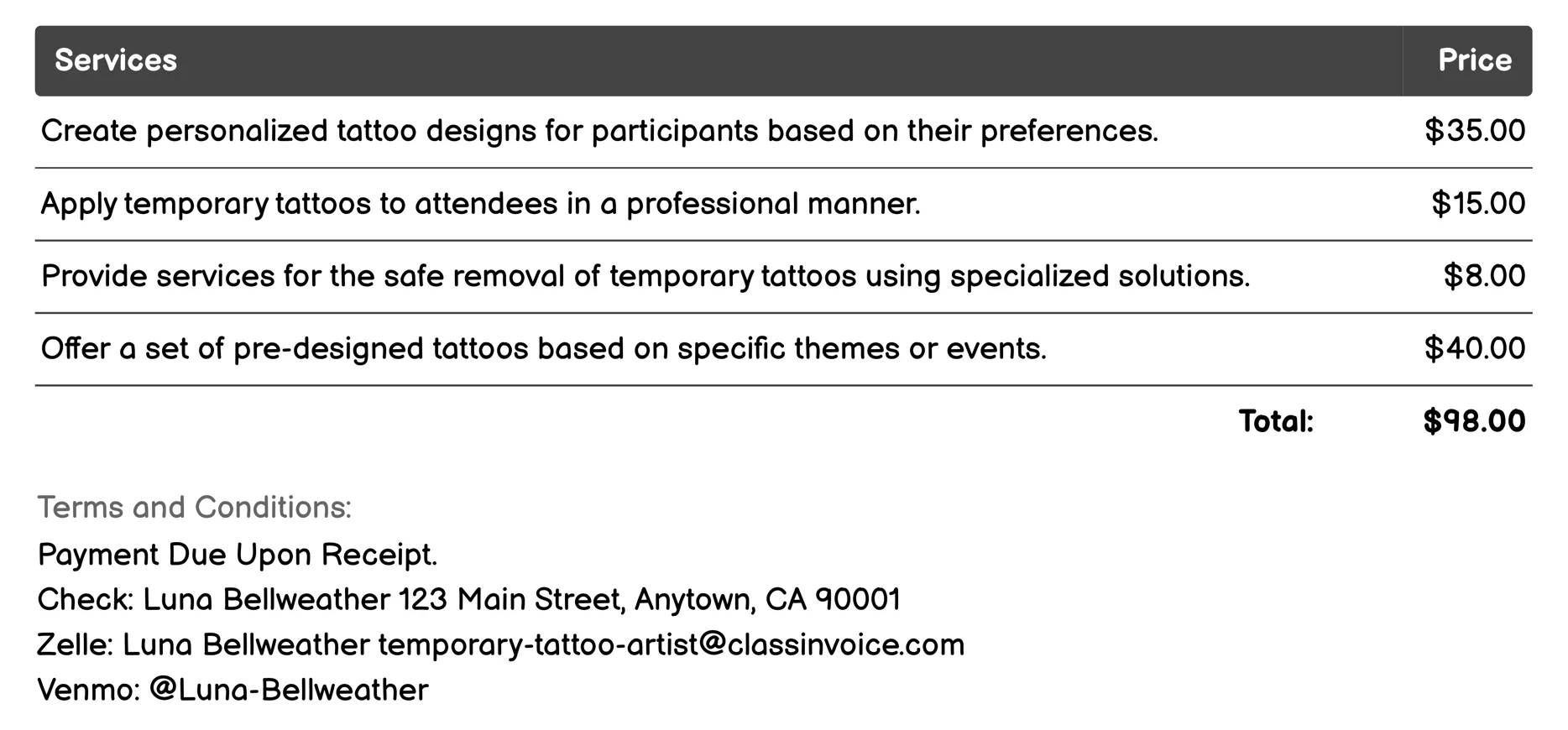 Pop-Up Art Installations Invoice Example