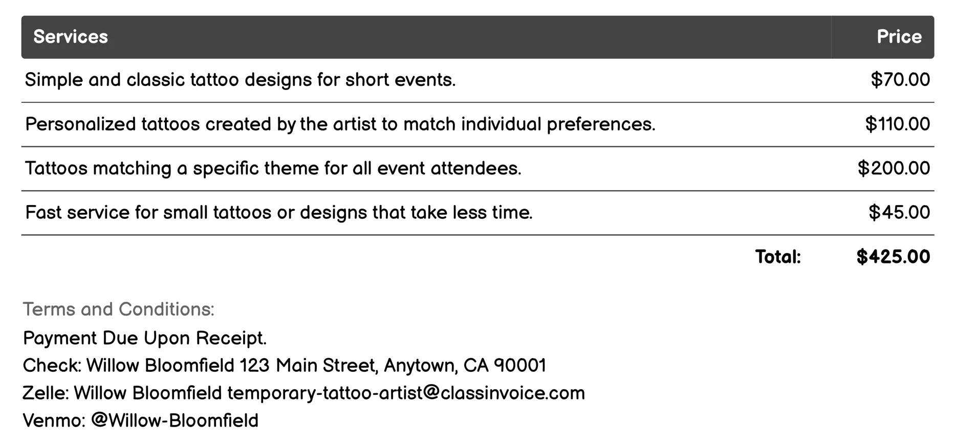 Themed Parties Invoice Example