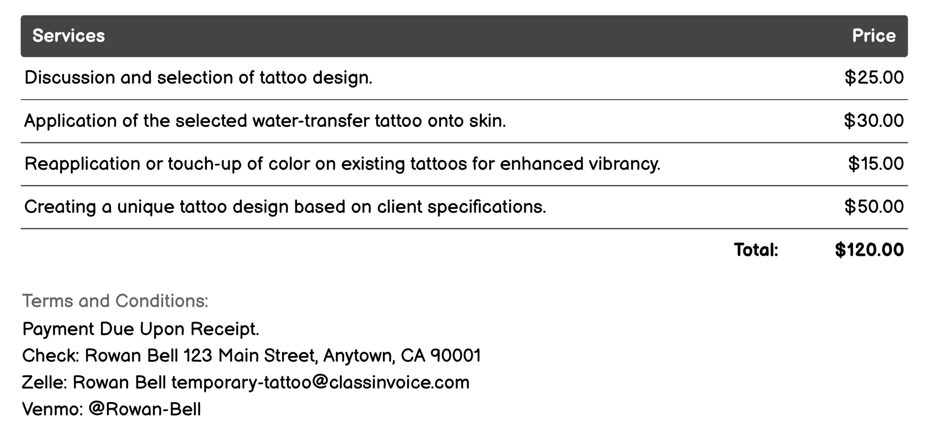 Water-Transfer Tattoos Invoice Example