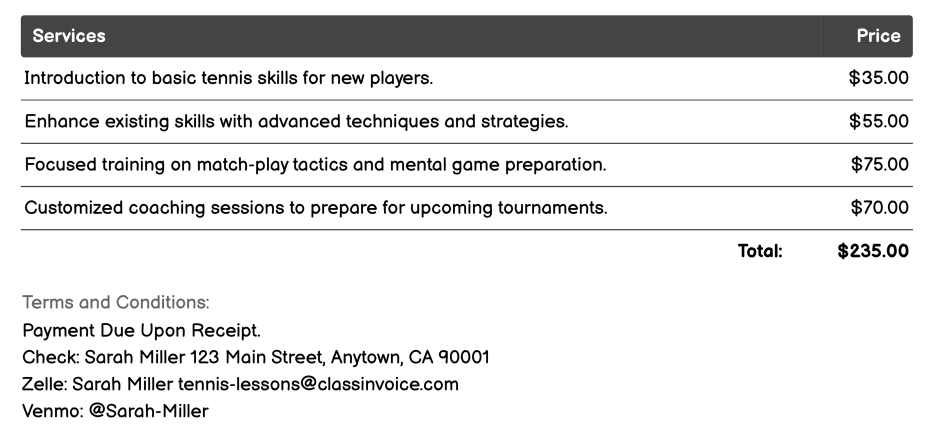 Private Tennis Lessons Invoice Example