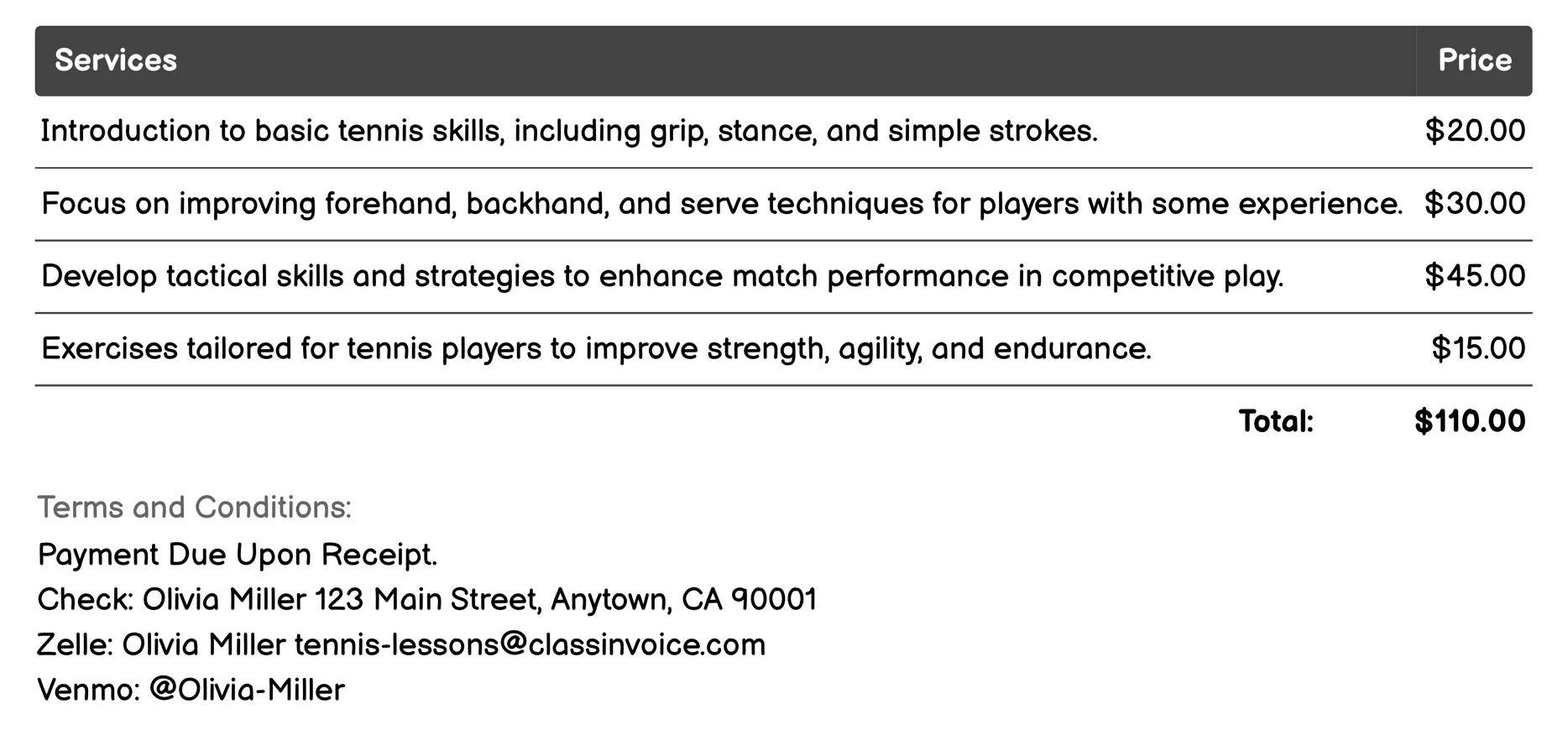 Youth Tennis Clinics Invoice Example