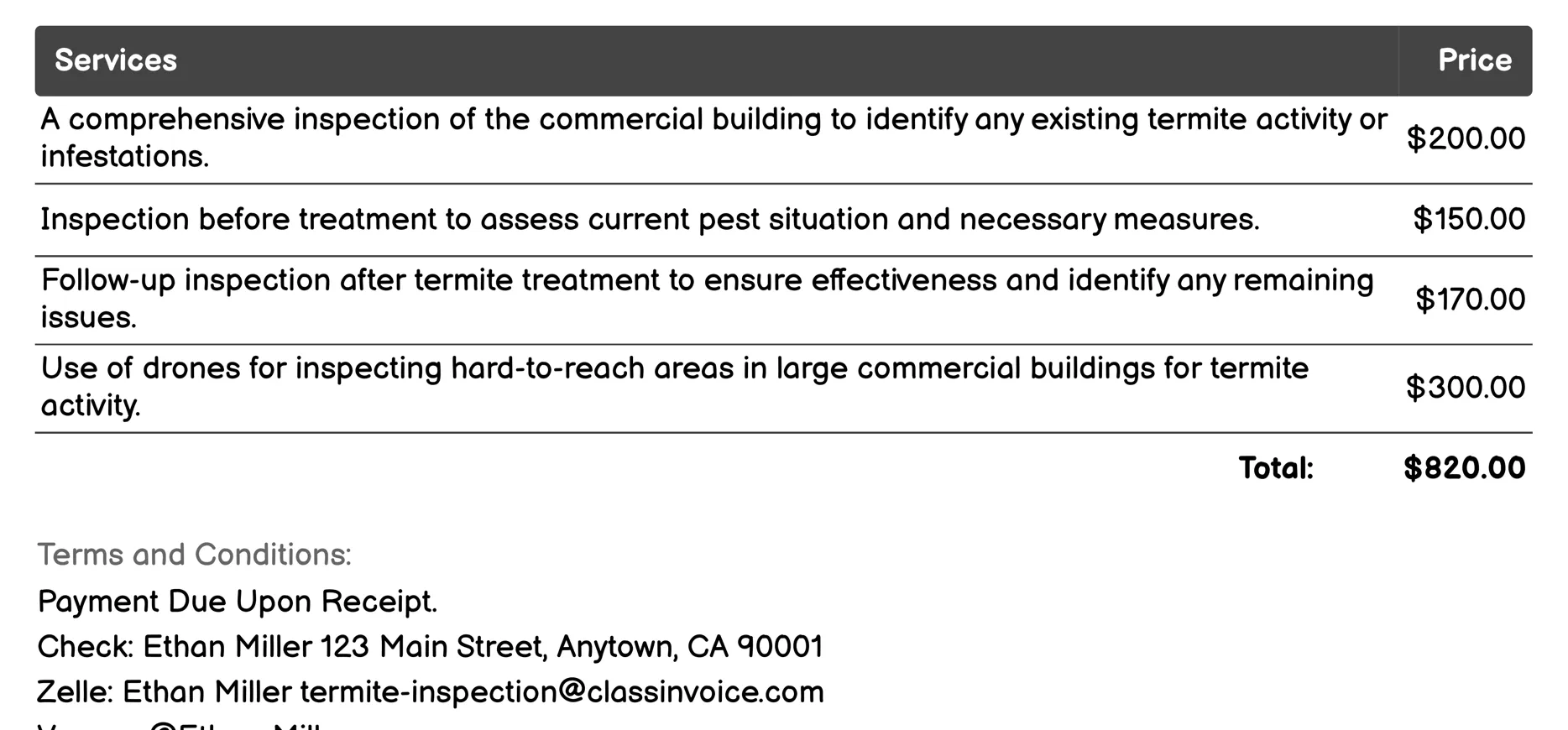 Commercial Building Termite Inspection Invoice Example