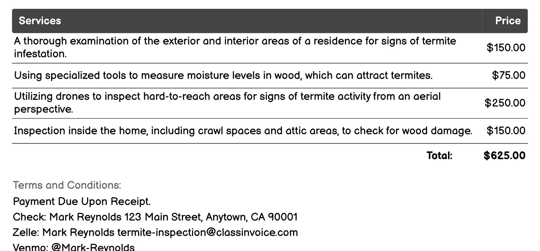 Routine Residential Termite Inspection Invoice Example