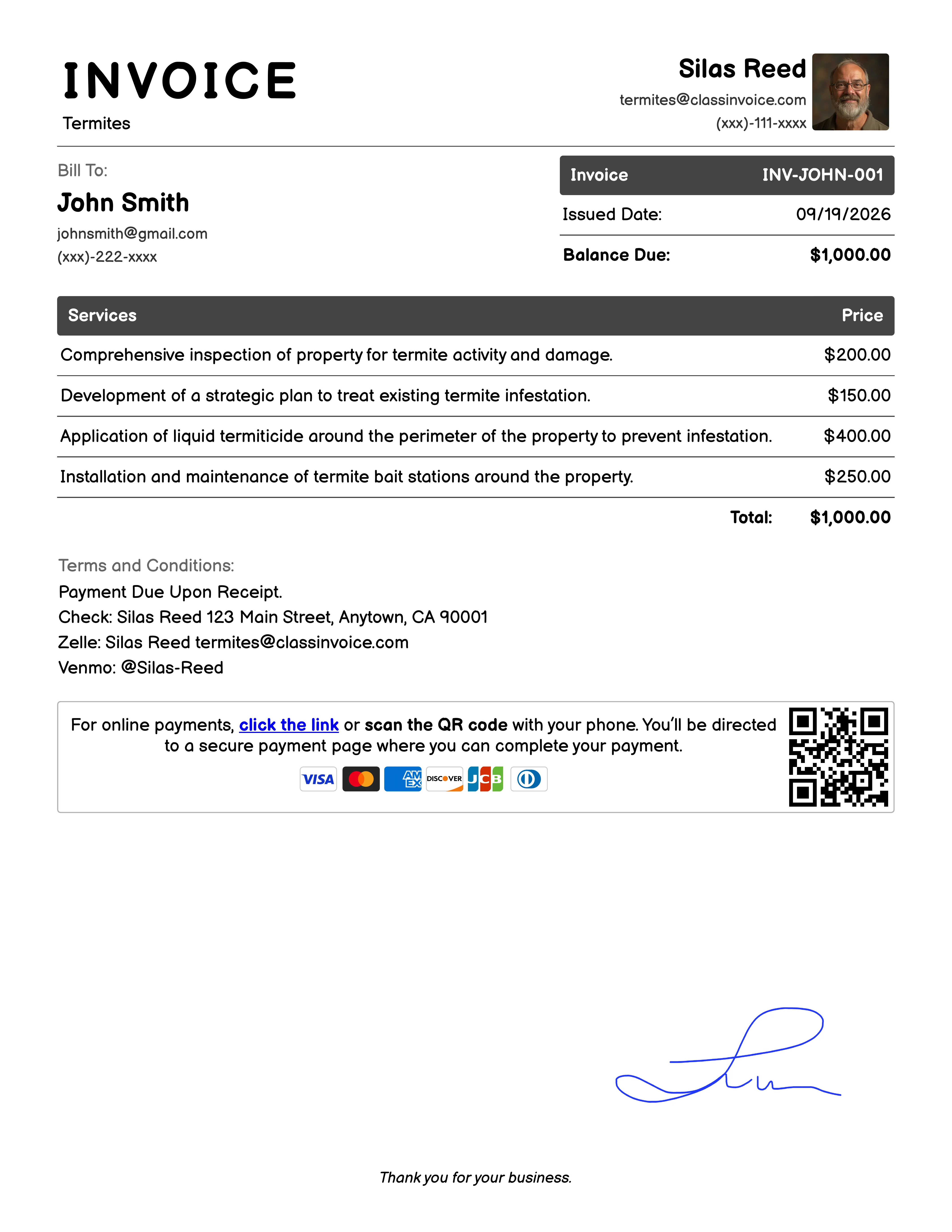 Termites Invoice Example