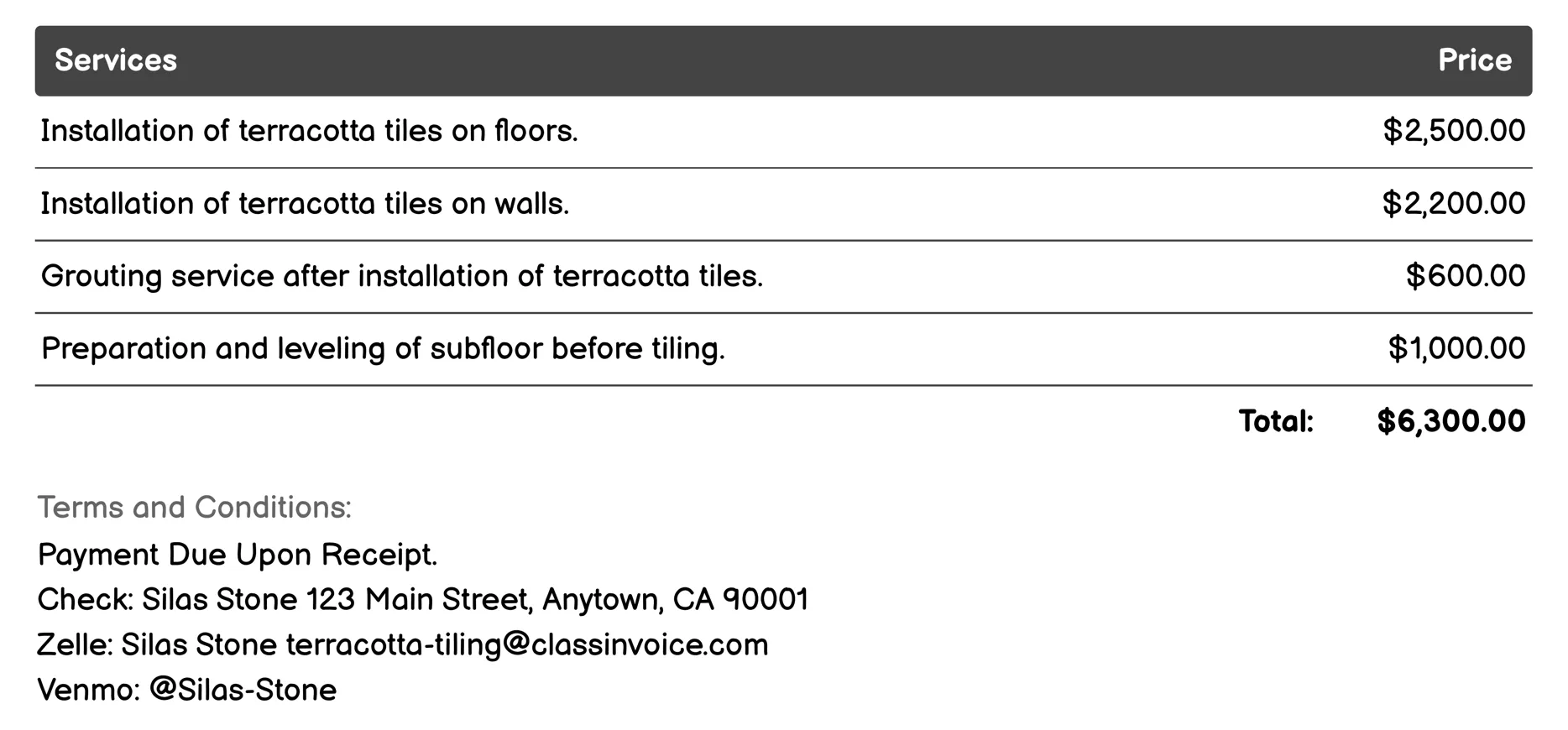 Installation Invoice Example