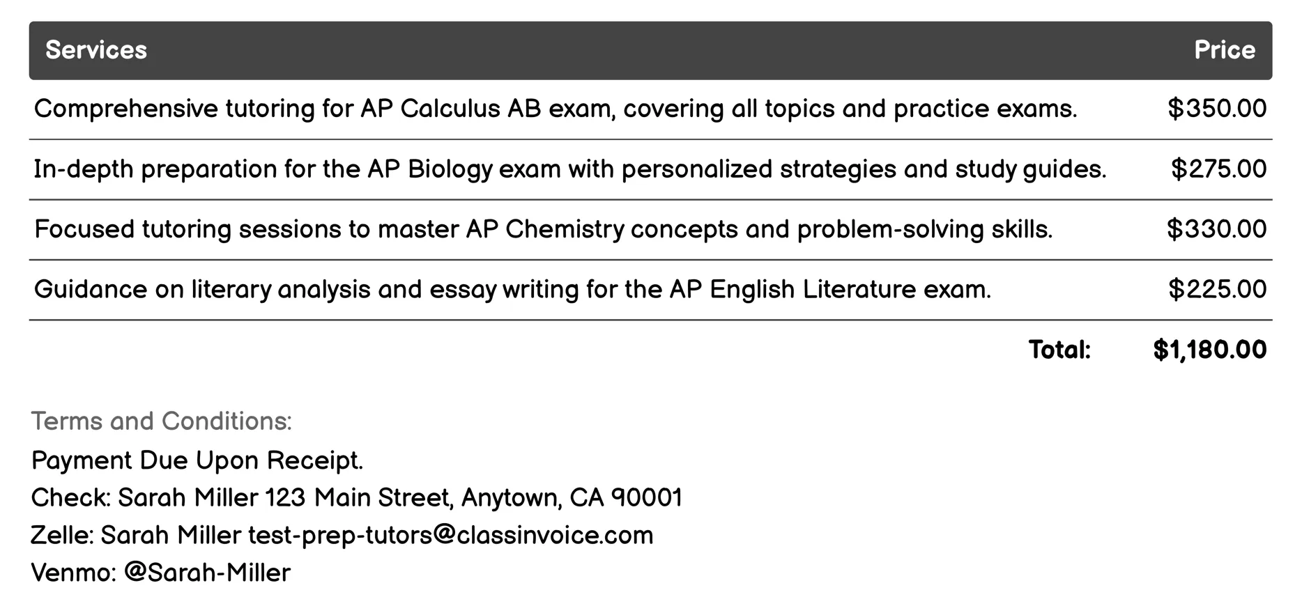 AP Exam Prep Invoice Example
