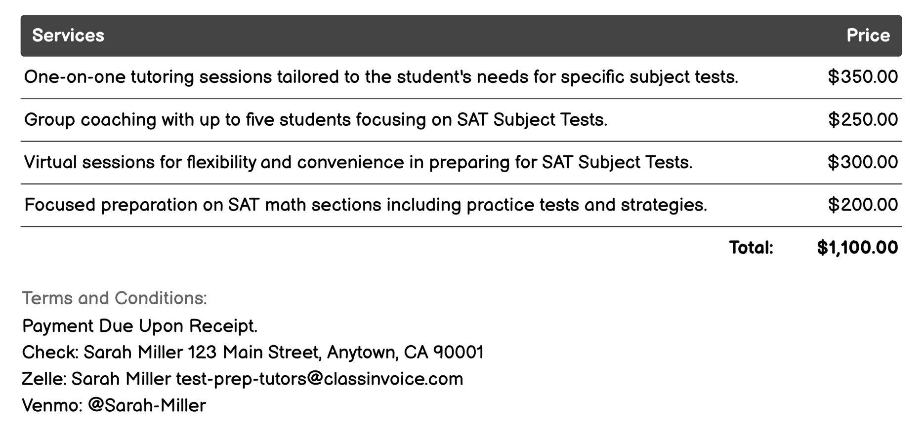 SAT Subject Tests Coaching Invoice Example