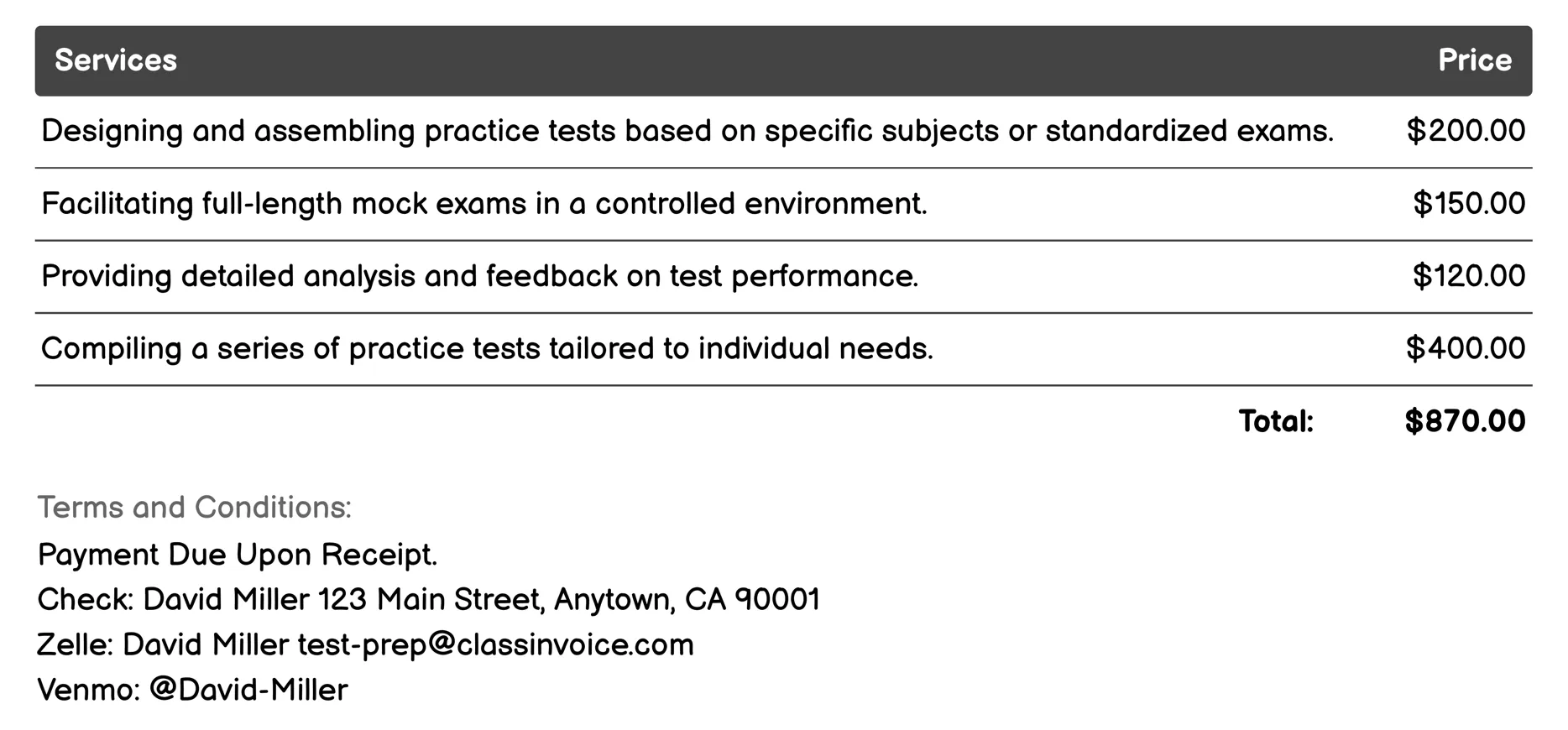 Practice Tests and Mock Exams Invoice Example