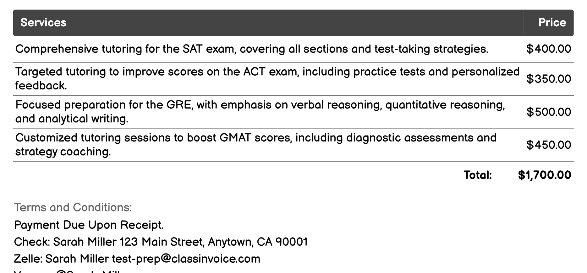 Private Tutoring Services Invoice Example