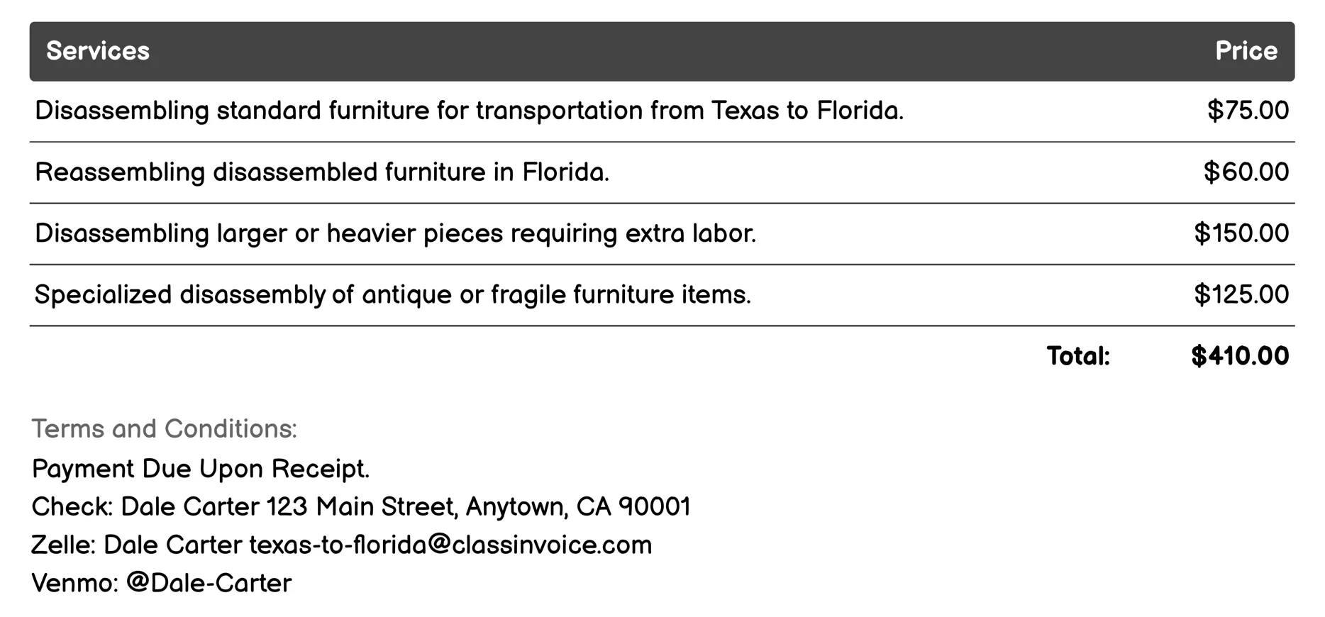 Furniture Disassembly/Reassembly Invoice Example
