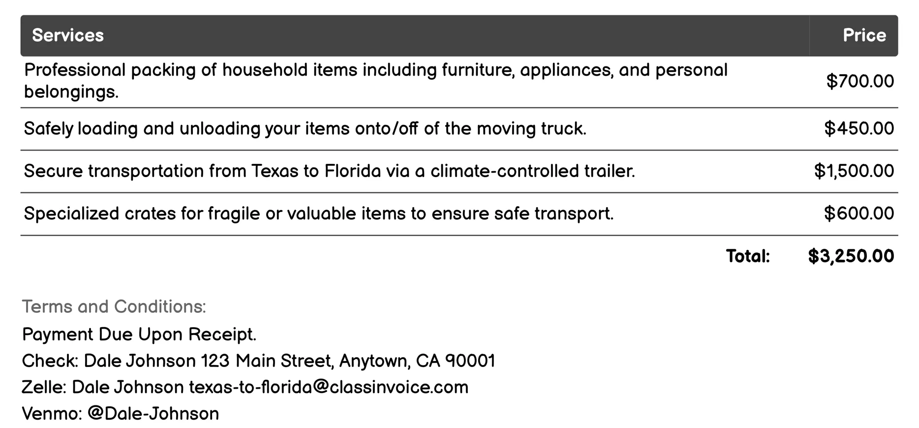 International Moving Invoice Example