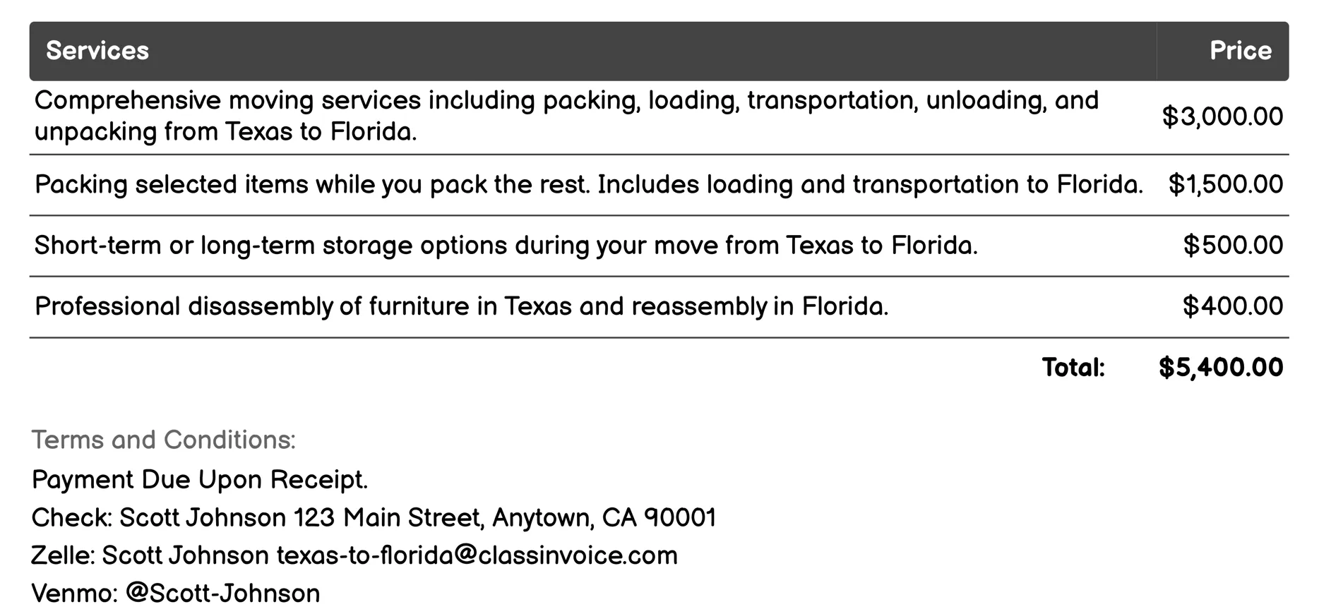 Moving Services Invoice Example