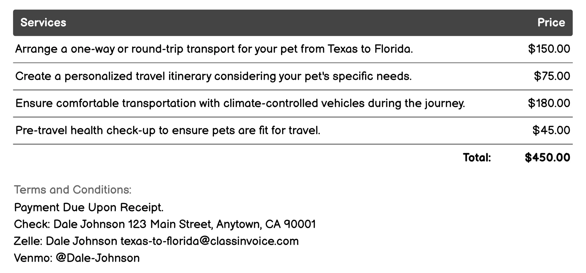 Pet Relocation Services Invoice Example