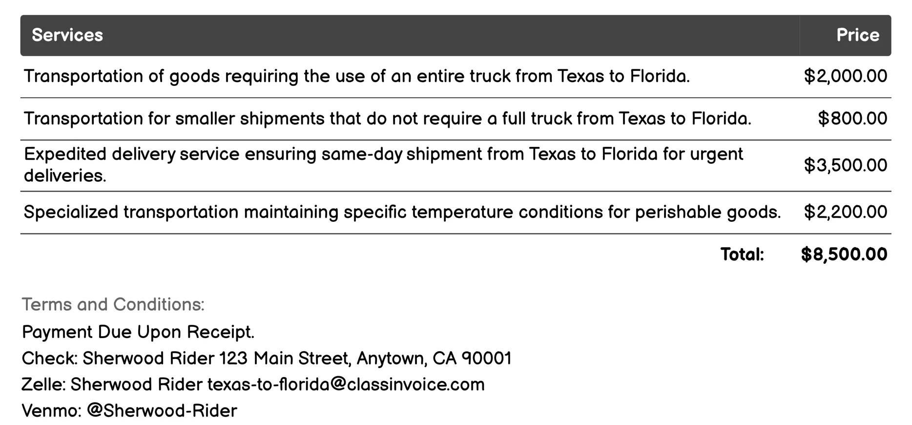 Transportation Services Invoice Example