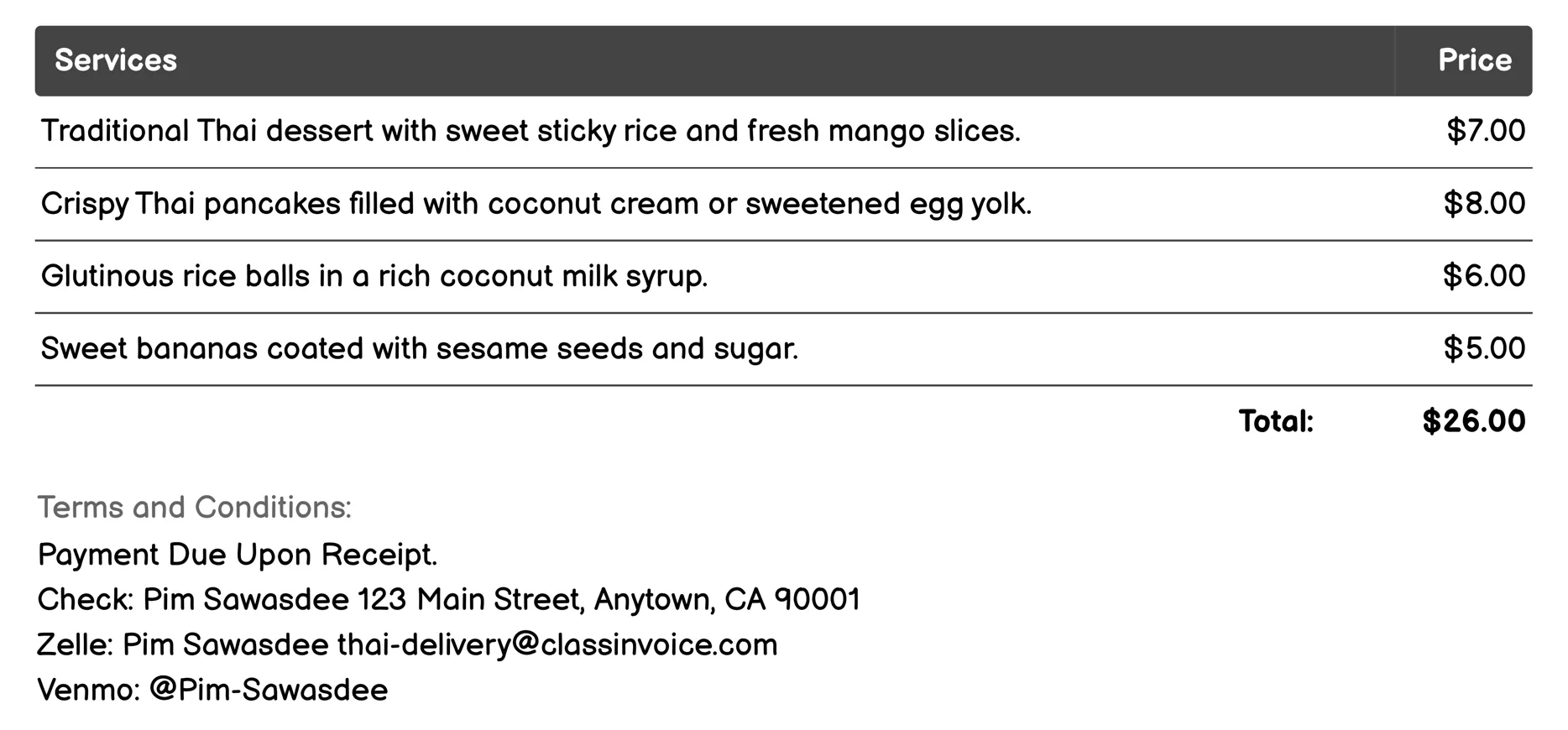 Desserts Invoice Example