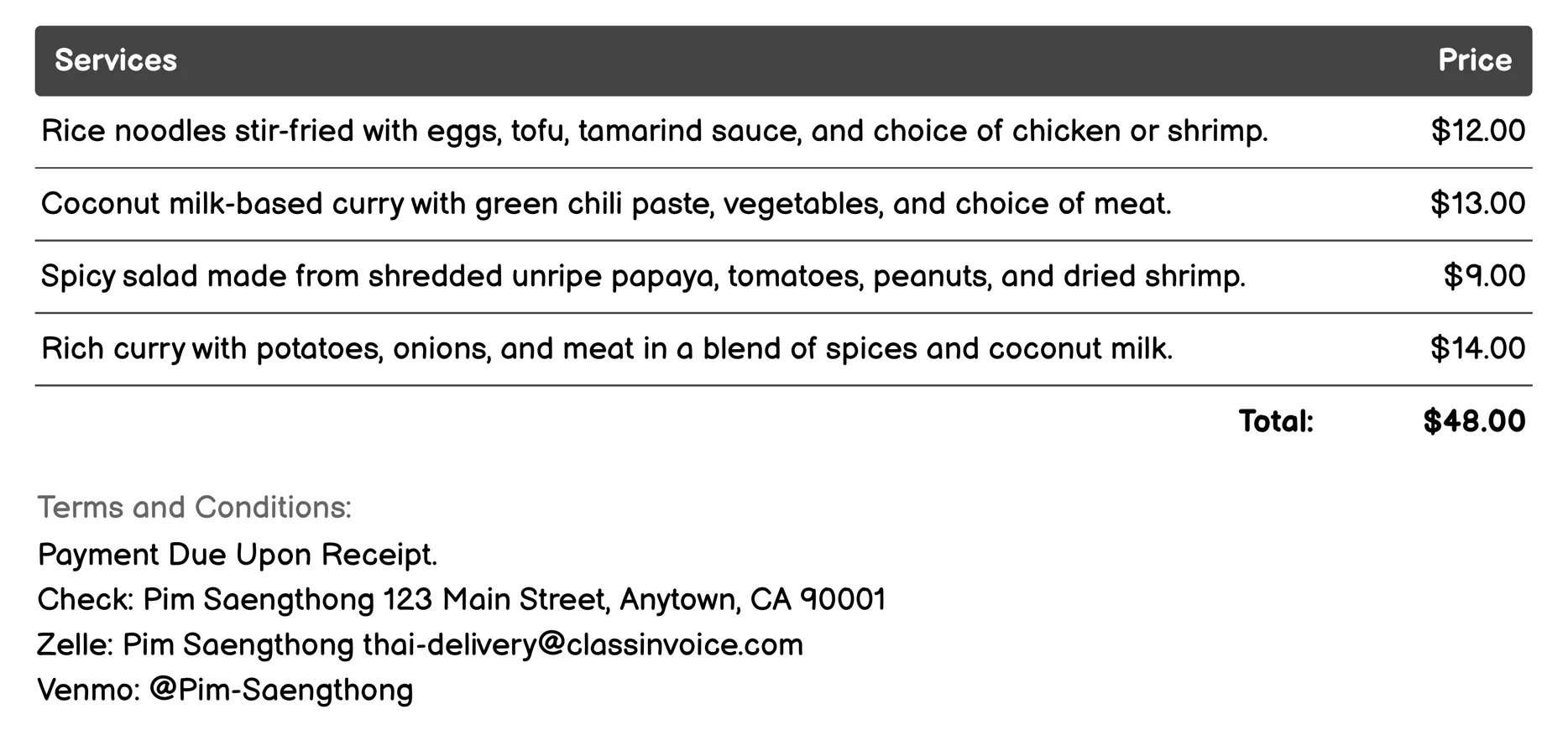 Thai Street Food Invoice Example
