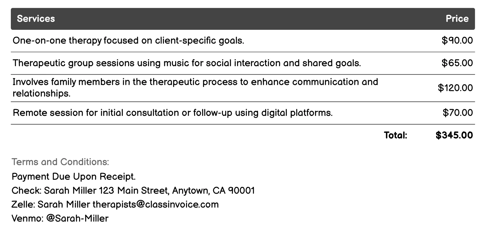Music Therapy Therapist Invoice Example