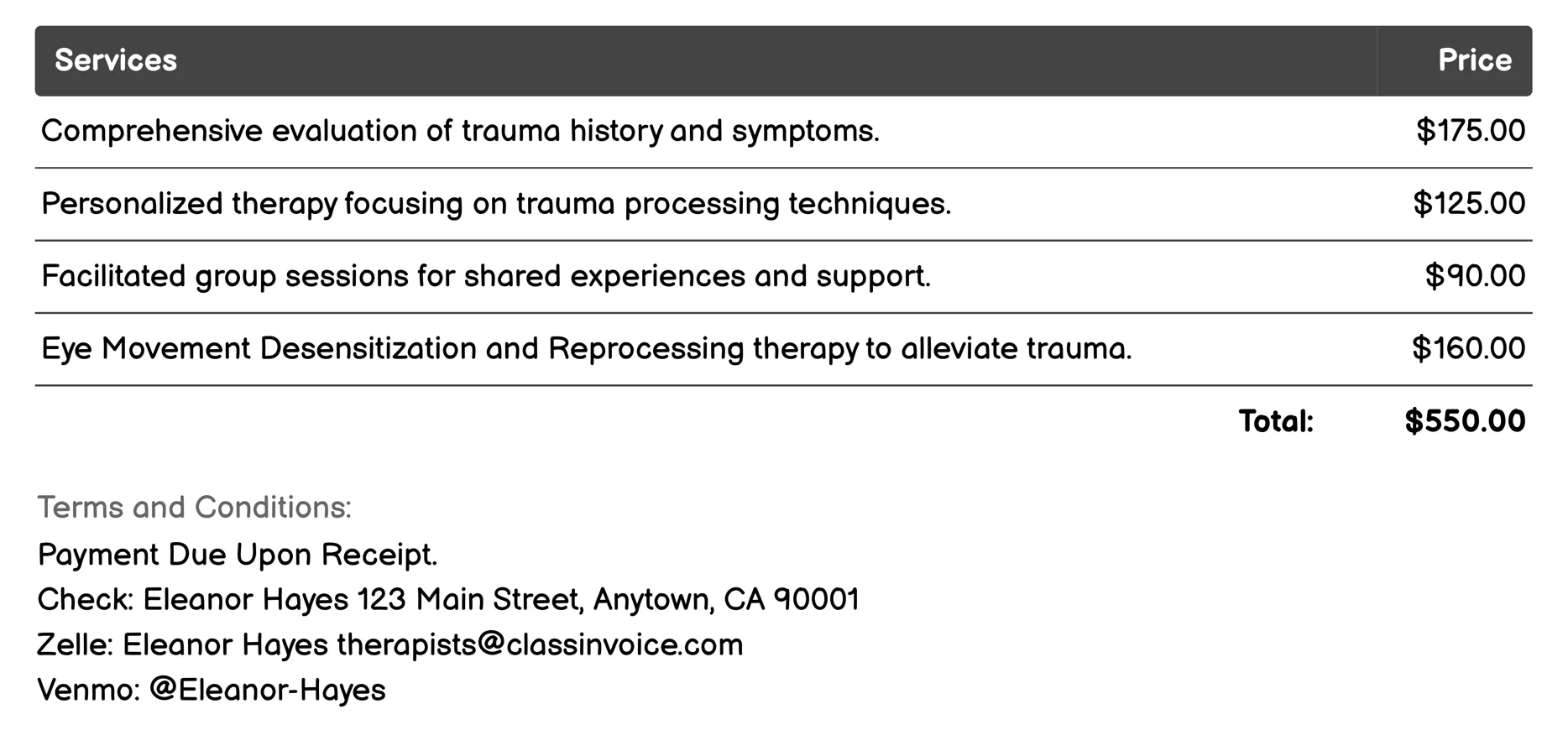 Trauma Therapy Specialist Invoice Example