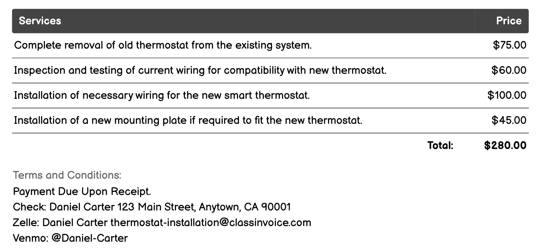 Heating/Cooling System Integration Invoice Example
