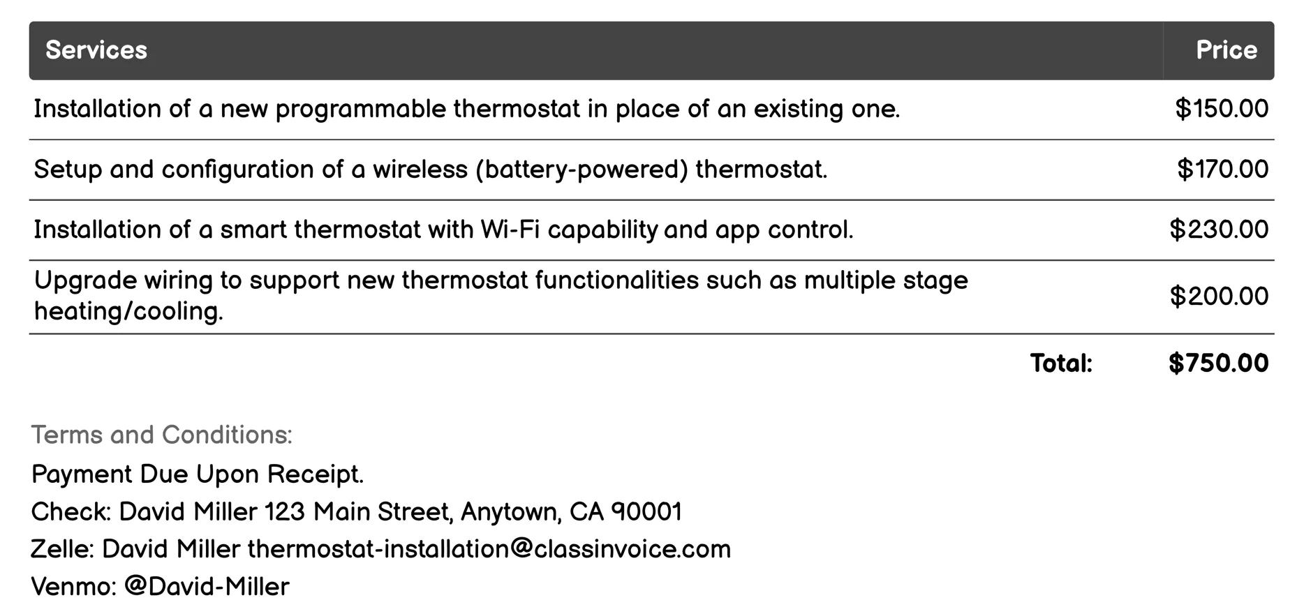 HVAC Thermostat Upgrade Invoice Example
