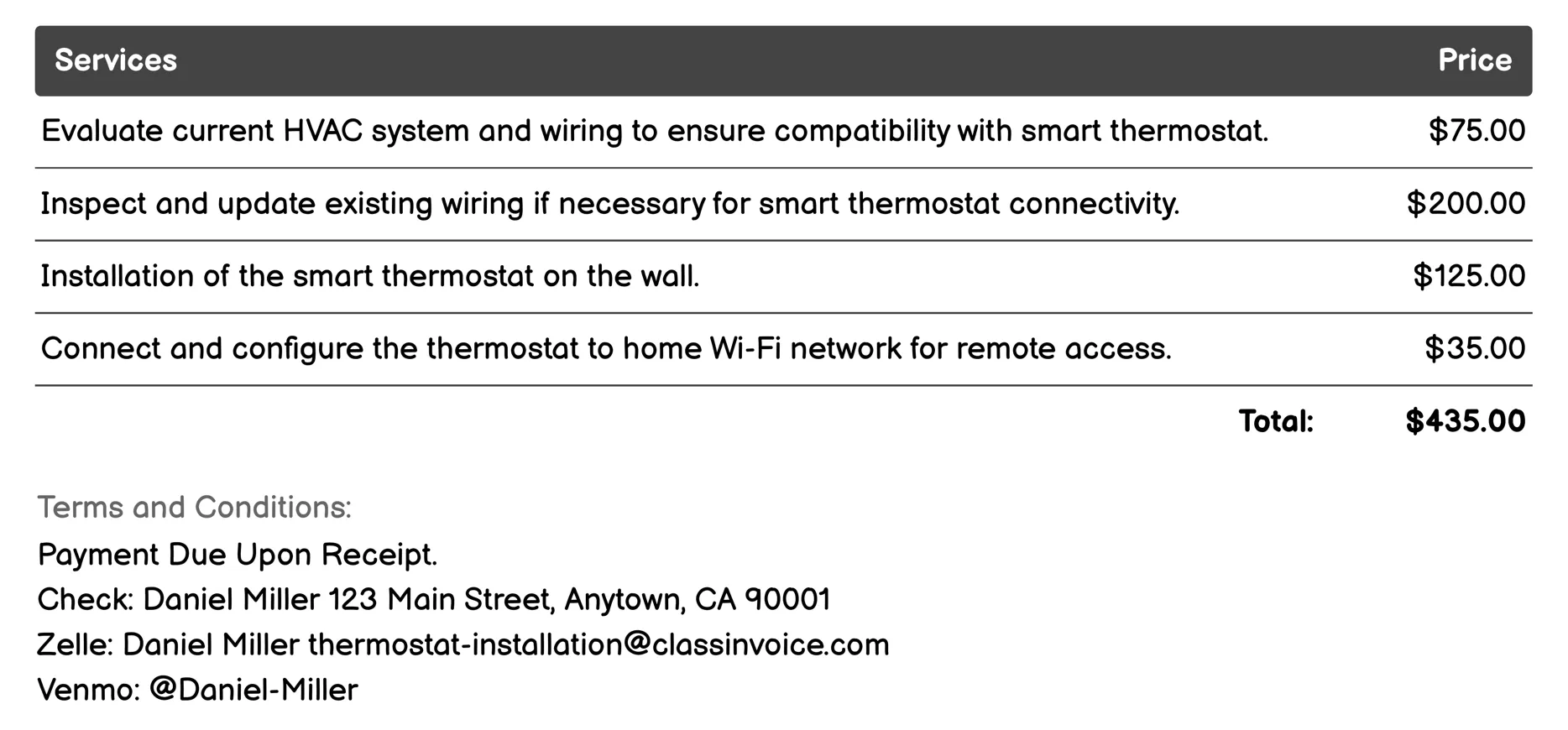 Smart Thermostat Installation Invoice Example