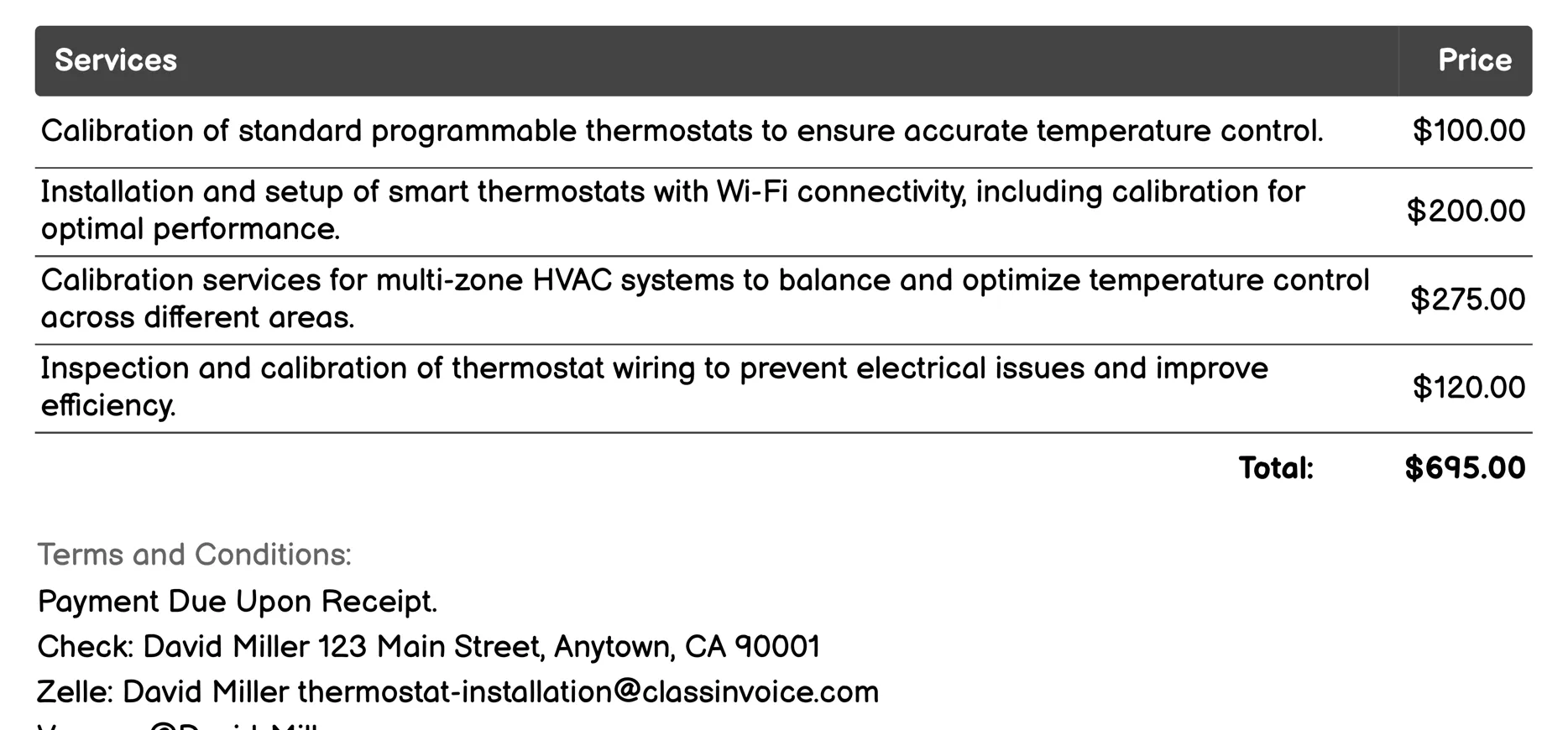 Thermostat Calibration Service Invoice Example