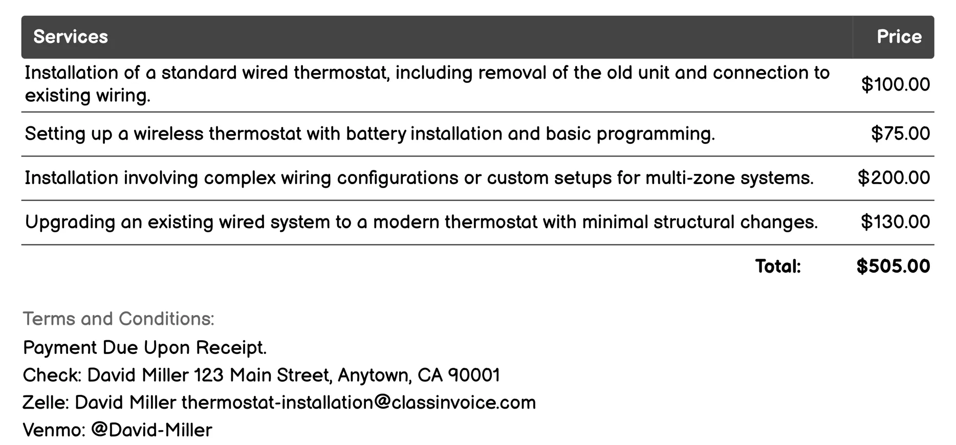 Wired/Wireless Thermostat Installation Invoice Example